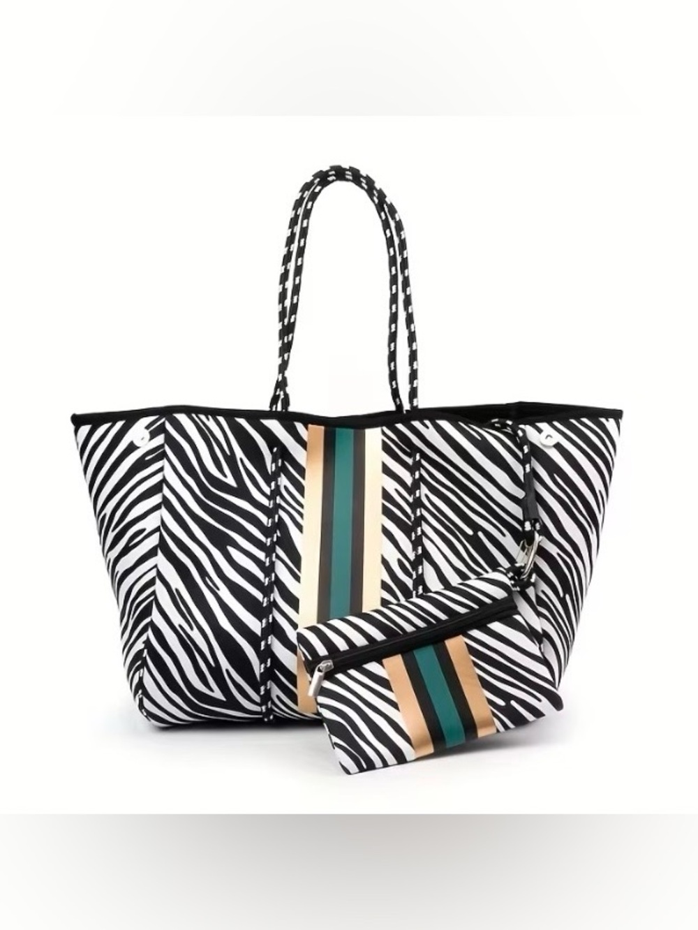Zebra Print Neoprene Tote Bag with small Zipper Pouch